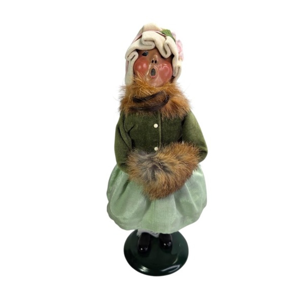 Byers Choice Carolers 1993 Girl With Fur Muff Collar Green Dress Vtg Signed READ